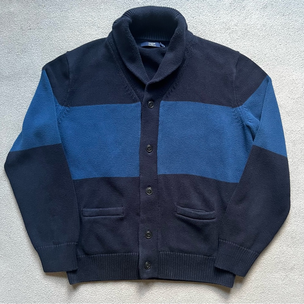 J Crew Sweater Mens Extra Large Blue Stripe Color Block Shawl Collar Cardigan